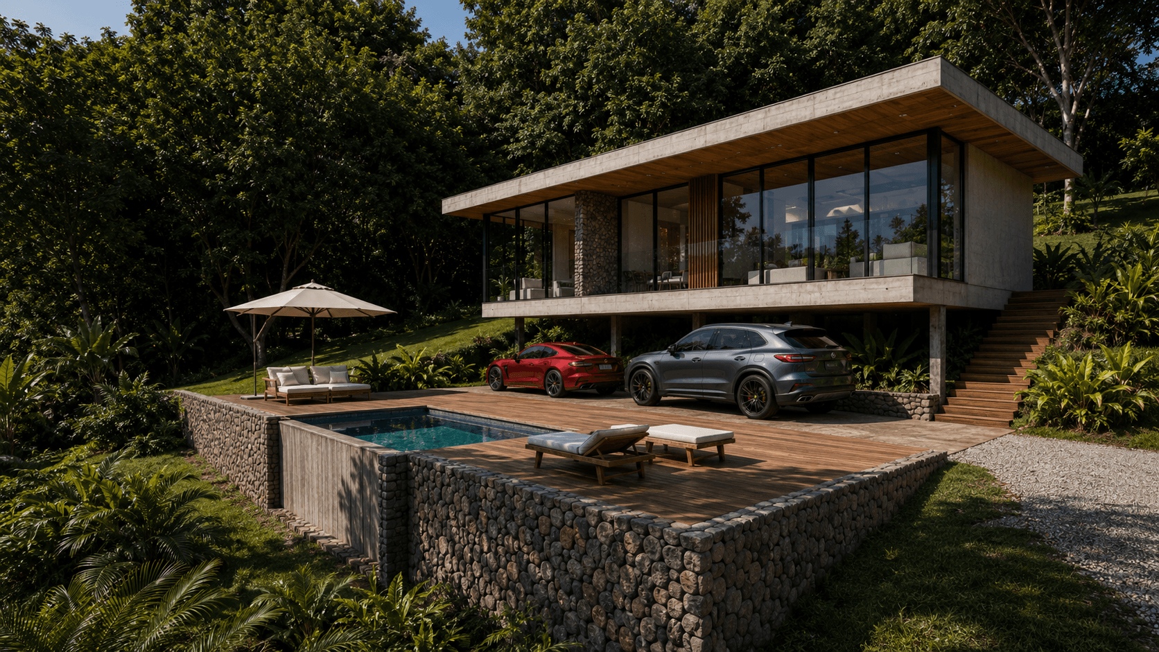 Wine House ao fim de tarde — deck, piscina e fachada envidraçada voltadas para o vale